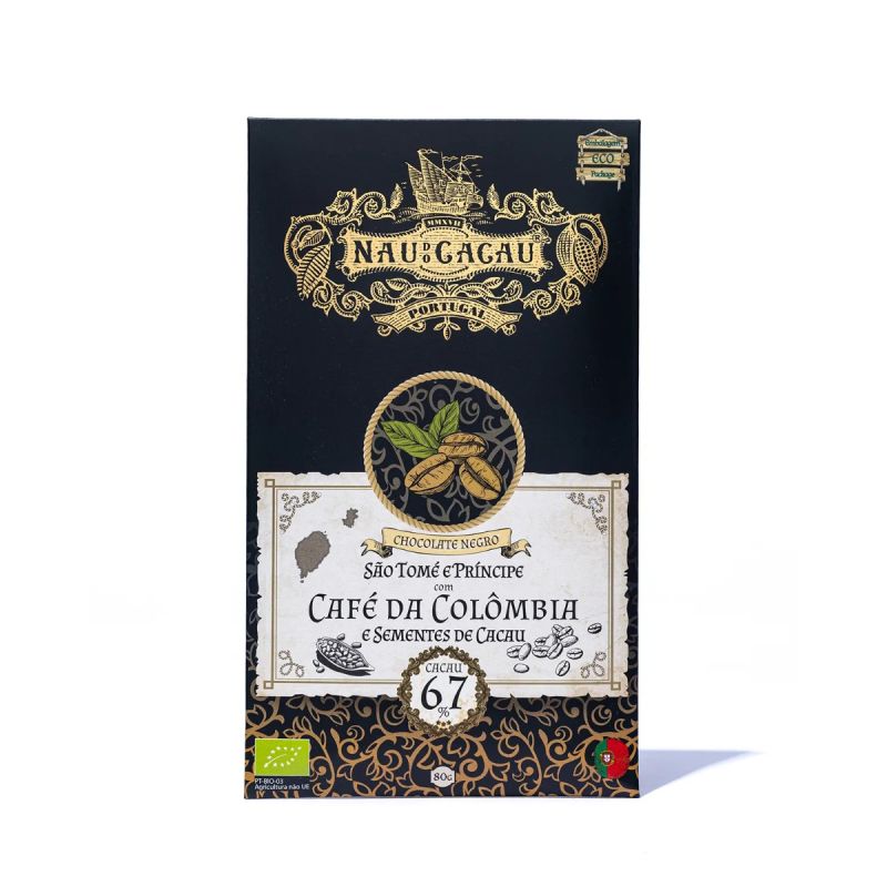 Tablete de Chocolate Negro de São Tomé com Café da Colômbia e Sementes de Cacau